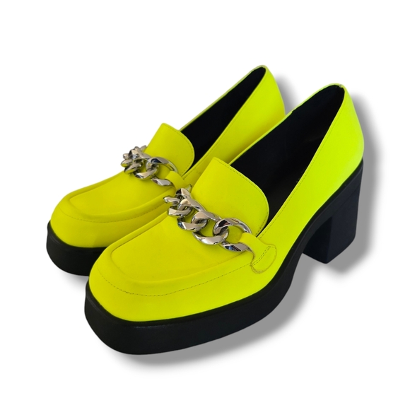 CALL IT SPRING Women's Noella Bright Green Chain Accent Vegan Platform Loafers - Picture 12 of 16